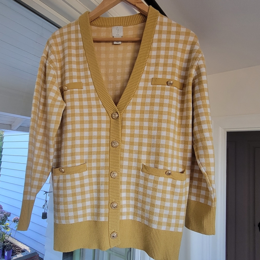 Joie Butter Yellow and White Gingham Cardigan Women's Size Medium